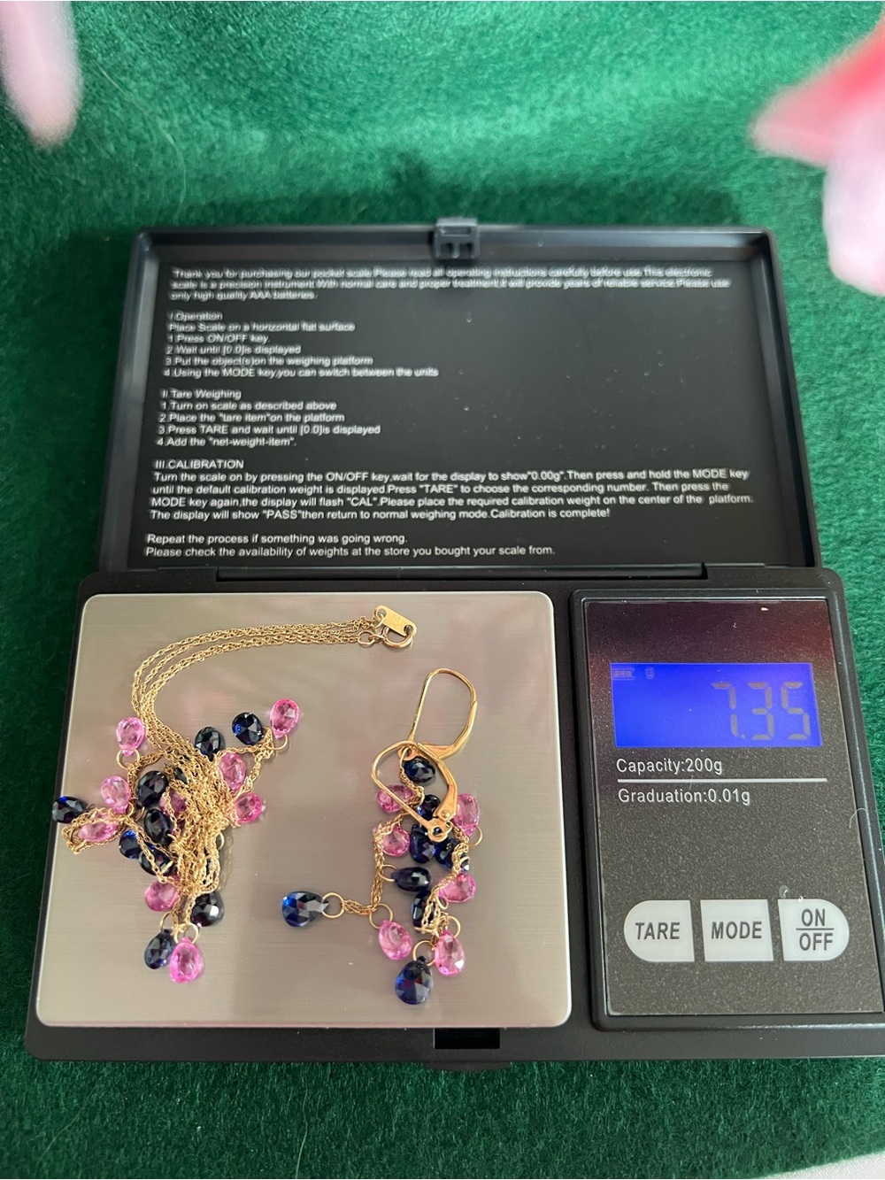 Vintage 10k Solid Gold Pink & Blue Sapphire Briolette Necklace and Earrings Set - Picture 10 of 14